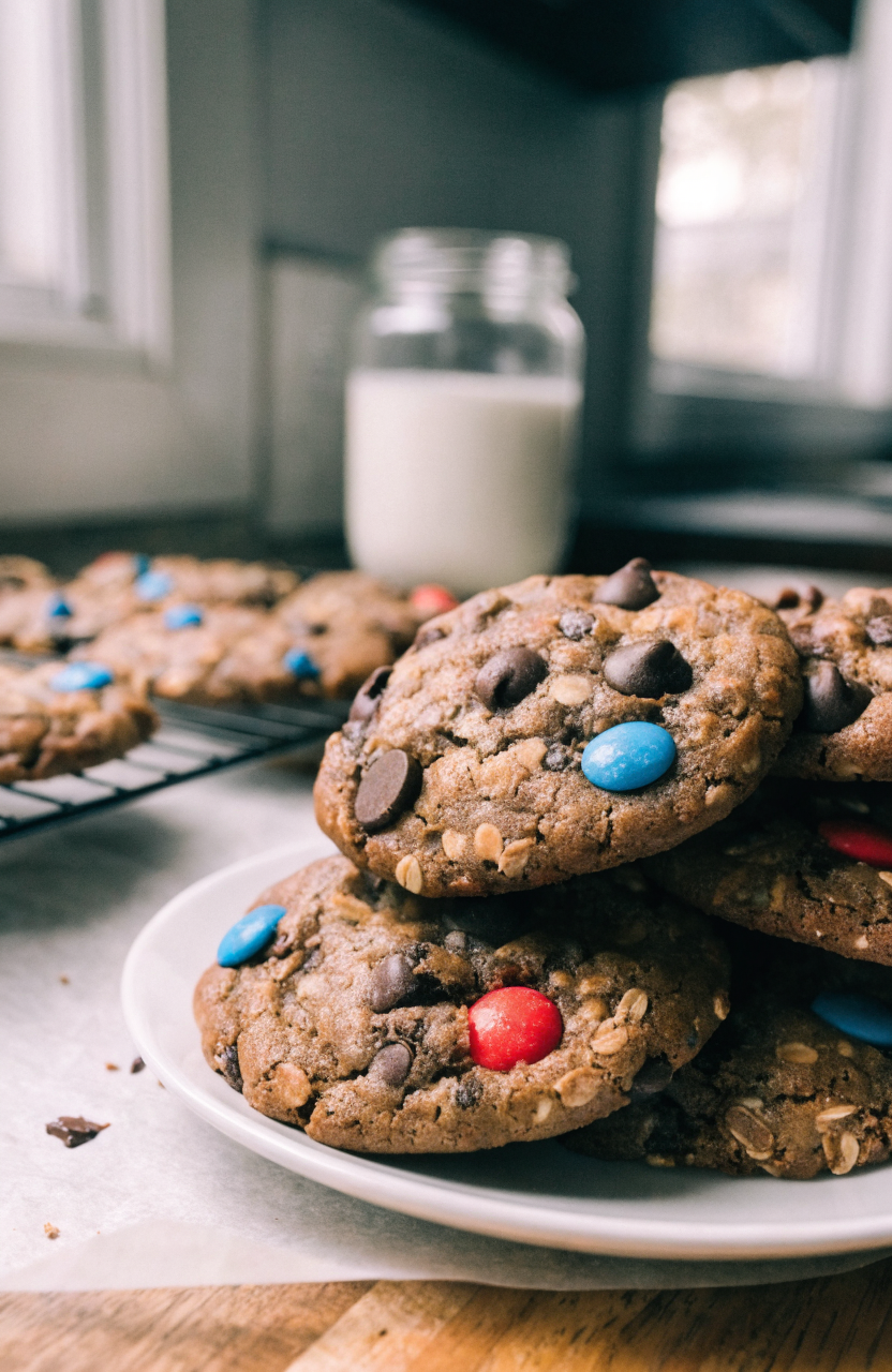 Plate of 4th of July monster cookies with red and blue candy pieces and a slightly domed, chewy center