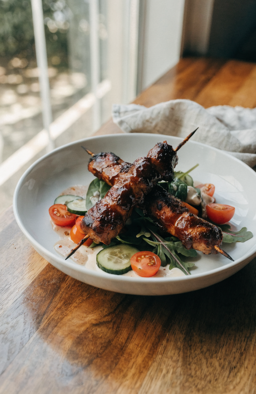 BBQ chicken skewer salad with grilled chicken pieces over mixed greens and cherry tomatoes with a drizzle of yogurt-BBQ dressing