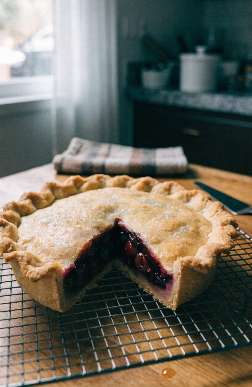 9-inch cherry blueberry pie with golden crimped edge cooling on a rack with a slice removed showing glossy filling