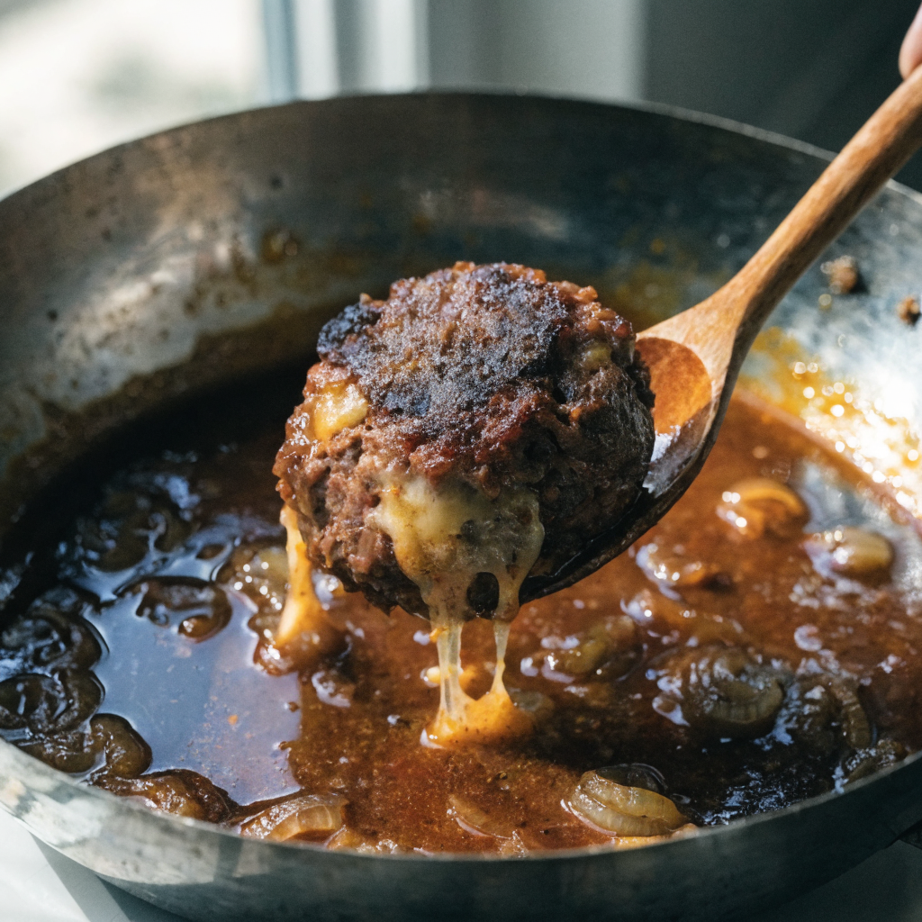 Close-up of french onion meatballs with gruyère