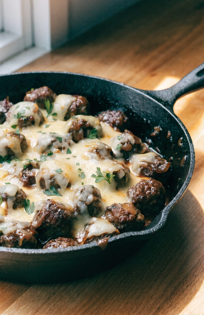Skillet of French onion meatballs topped with melted Gruyère and mozzarella, with caramelized onions and parsley