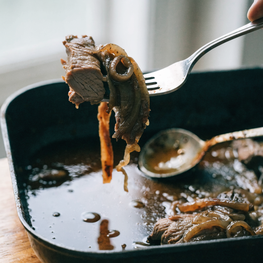 Close-up of french onion roast (pull-apart braised chuck roast)