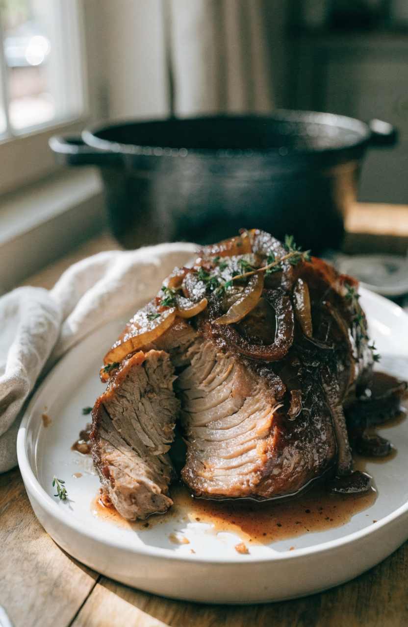 Pull-apart French onion roast on a white platter with caramelized onions and herbs