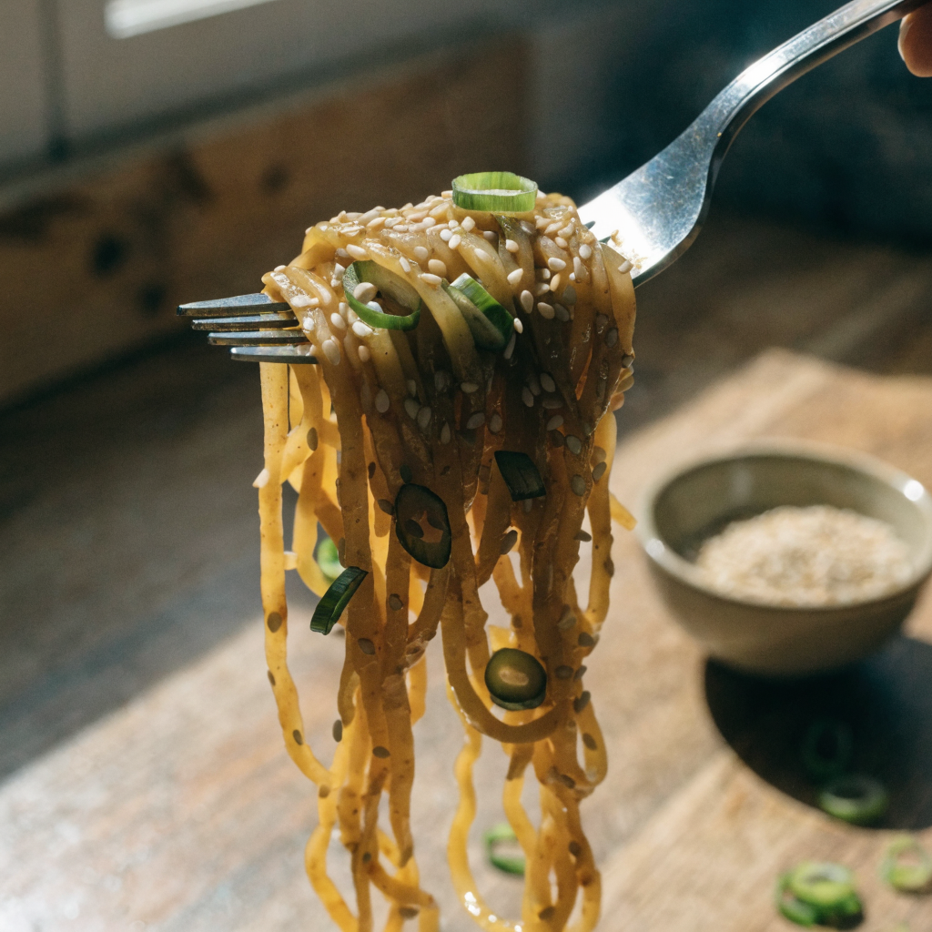 Close-up of 15-minute garlic sesame noodles