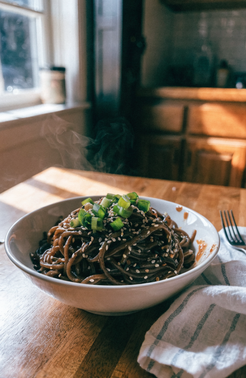 Bowl of garlic sesame noodles tossed with scallions and sesame seeds on a white ceramic bowl