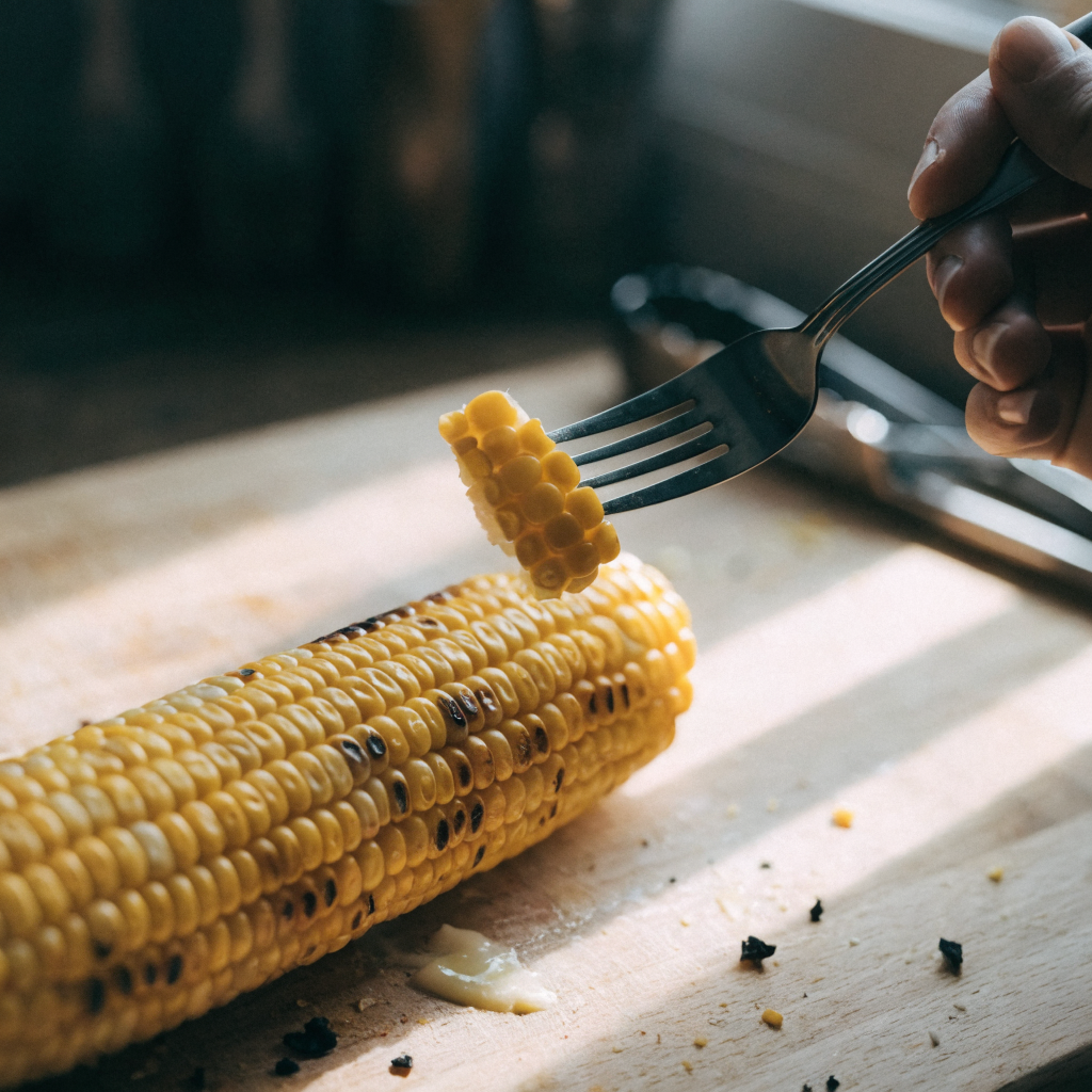 Close-up of grilled corn on the cob in foil