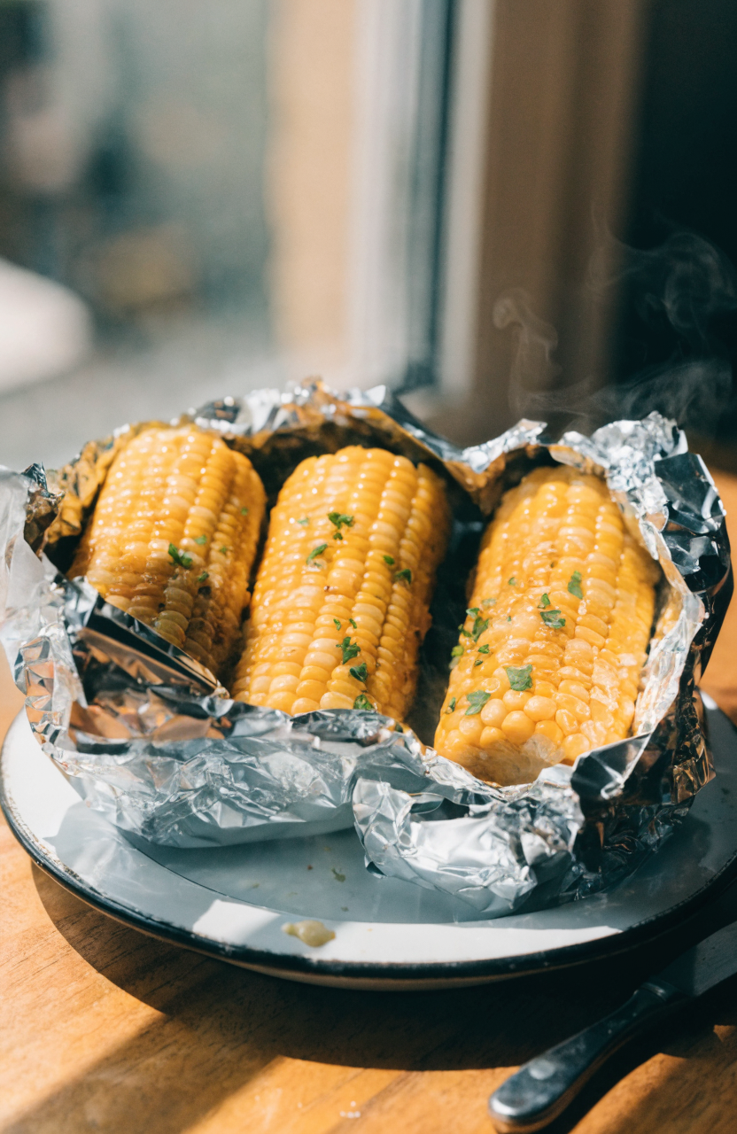 Foil-wrapped grilled corn on the cob with melted butter and chopped parsley showing grilled color and steam