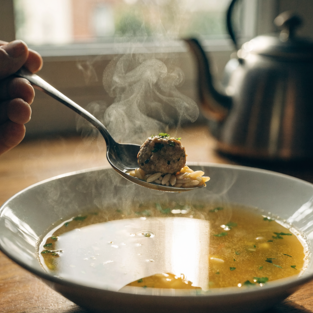 Close-up of classic italian wedding soup with tender meatballs and orzo