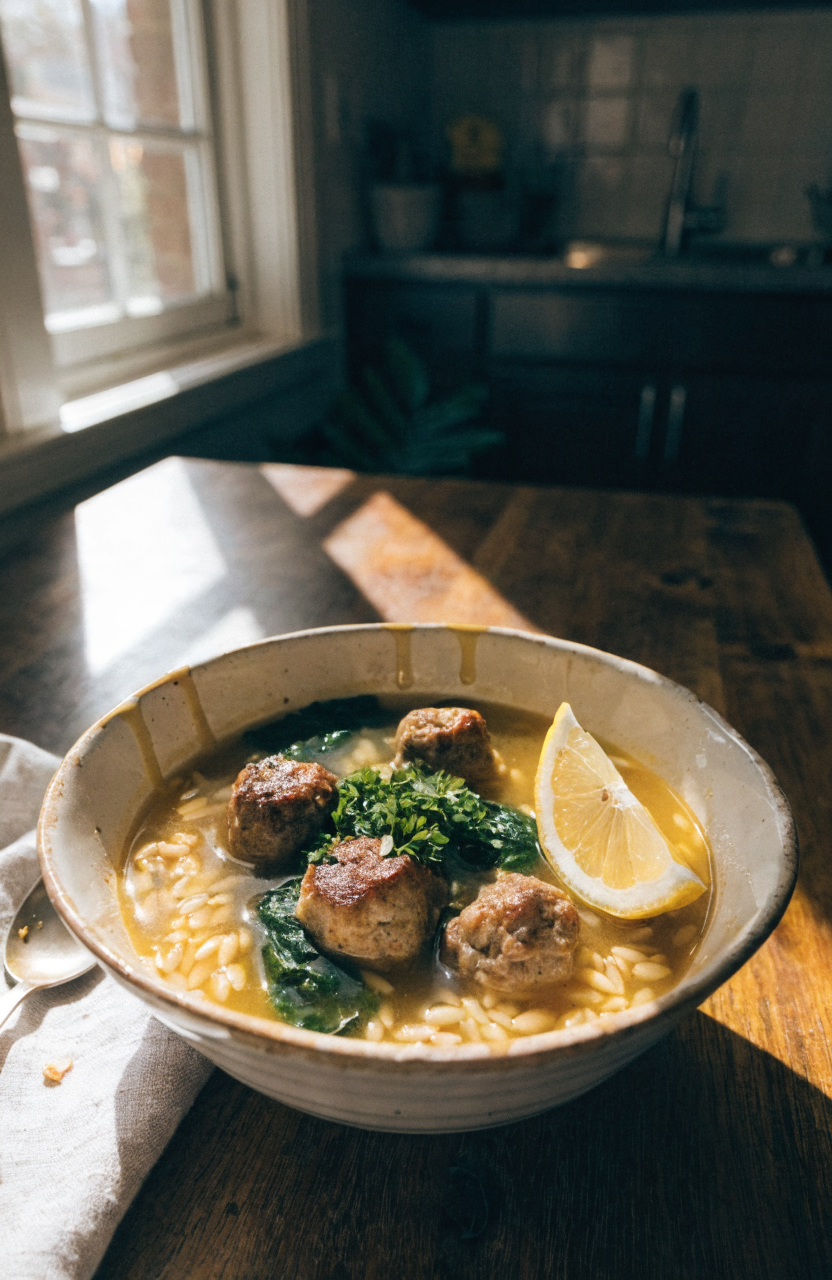 Bowl of Italian wedding soup with small meatballs, orzo, and parsley garnish