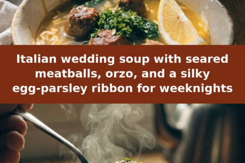 Italian wedding soup with seared meatballs, orzo, and a silky egg-parsley ribbon for weeknights Pinterest recipe pin