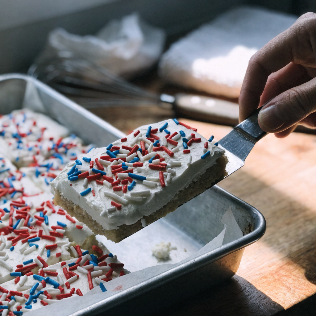 Close-up of patriotic sugar cookie bars with stabilized buttercream