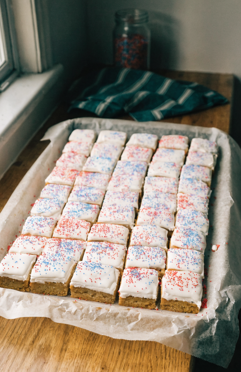Patriotic sugar cookie bars on a white plate with red and blue sprinkles