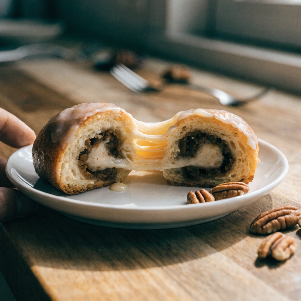 Close-up of pumpkin cinnamon rolls (make now or make ahead)