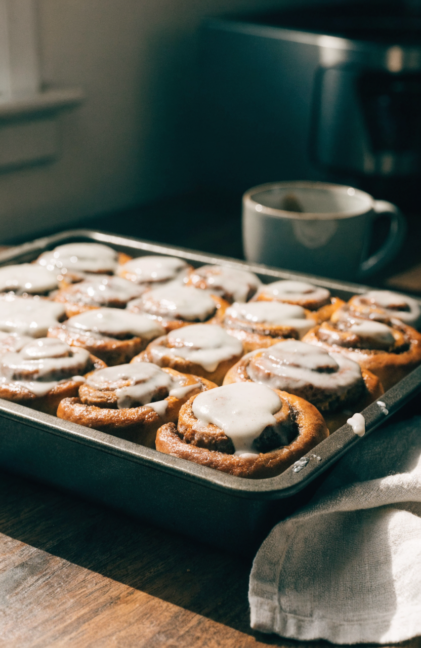Warm pumpkin cinnamon rolls on a white platter with cream-cheese drizzle and a sprinkle of cinnamon