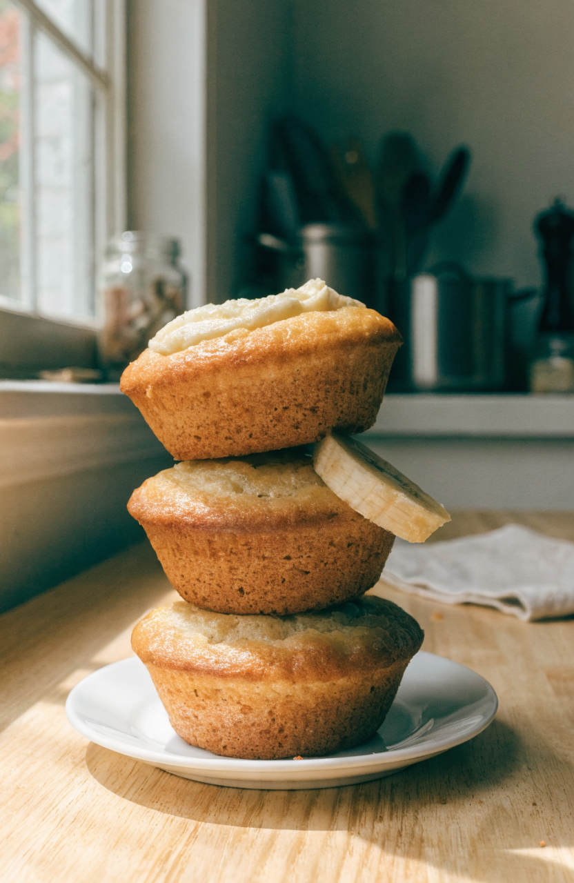 Stack of banana cream cheese muffins on a white plate with a visible cream cheese swirl and banana slice