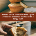 Banana cream cheese muffins—quick 30-minute breakfast muffins with a tangy swirl Pinterest recipe pin