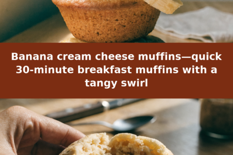 Banana cream cheese muffins—quick 30-minute breakfast muffins with a tangy swirl Pinterest recipe pin
