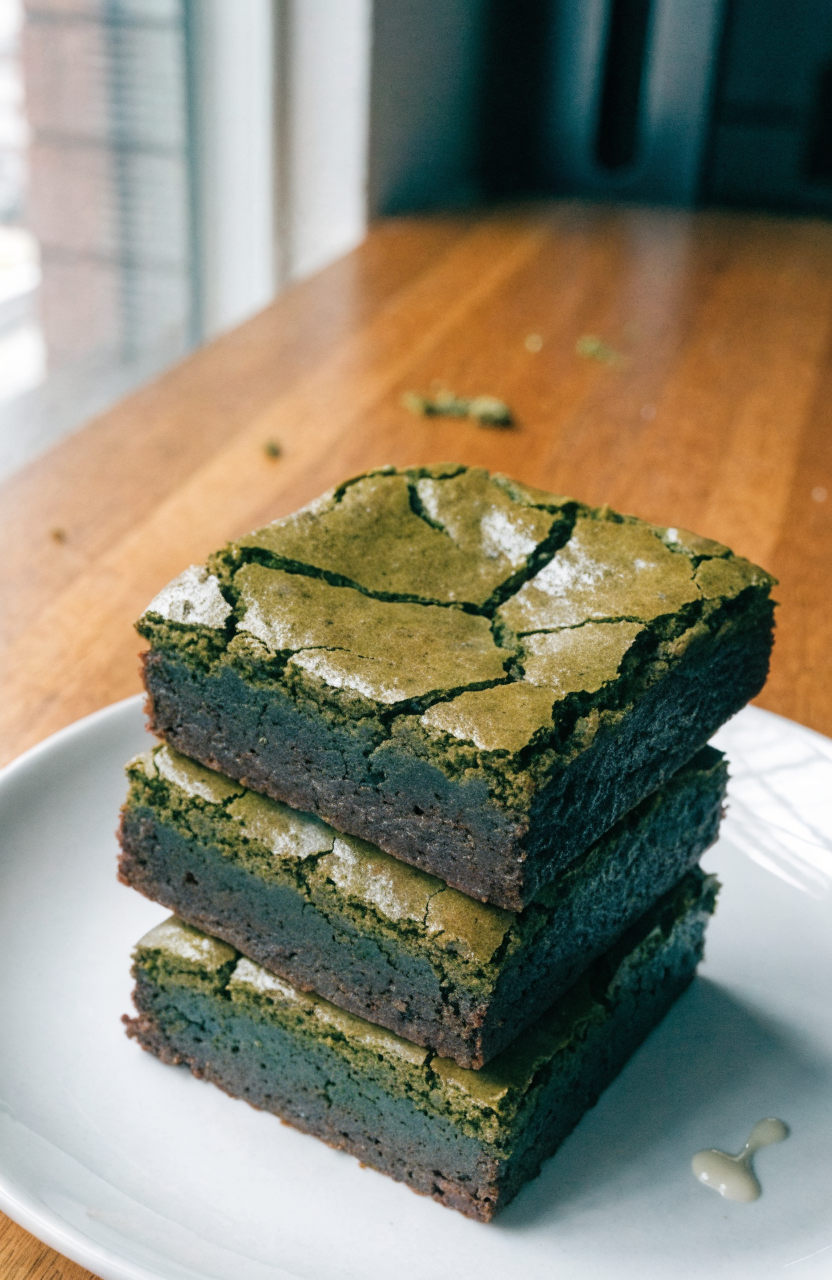 Square of fudgy matcha brownies with a glossy top and green interior on a white plate