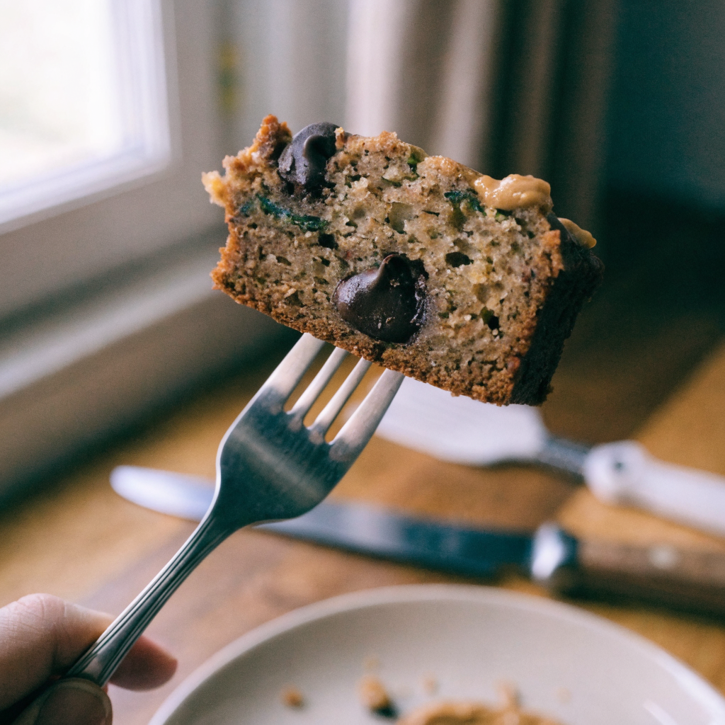 Close-up of peanut butter chocolate chip zucchini bread