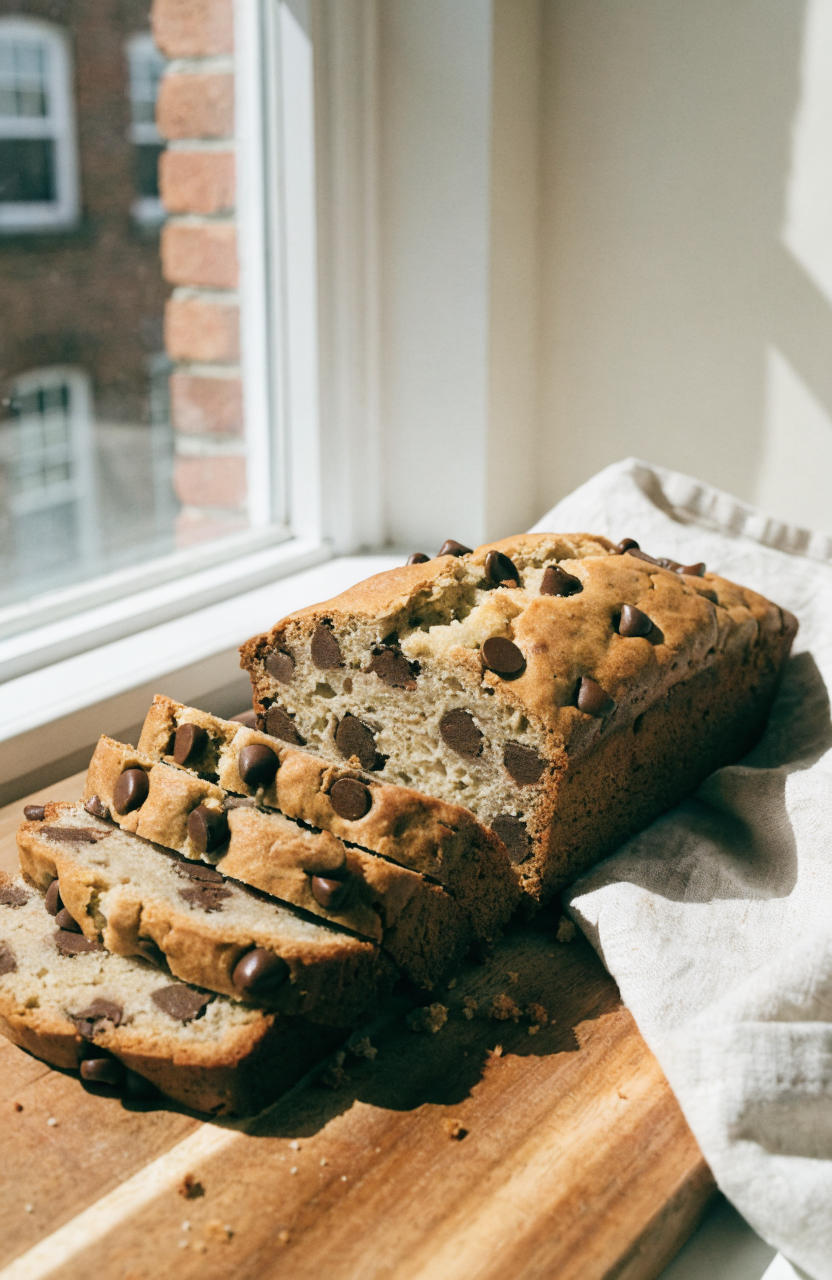 Sliced peanut butter zucchini bread on a wooden board with crumbs showing the tender crumb and chocolate chips