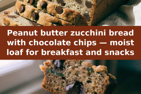 Peanut butter zucchini bread with chocolate chips — moist loaf for breakfast and snacks Pinterest recipe pin