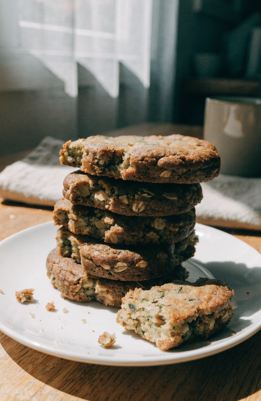 Plate of zucchini bread breakfast cookies with oats and cinnamon on a wooden table