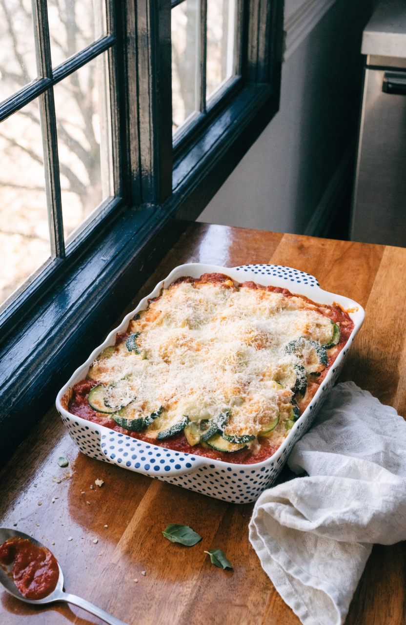 Golden baked zucchini parmesan with melted cheese and marinara in a 9x13 baking dish